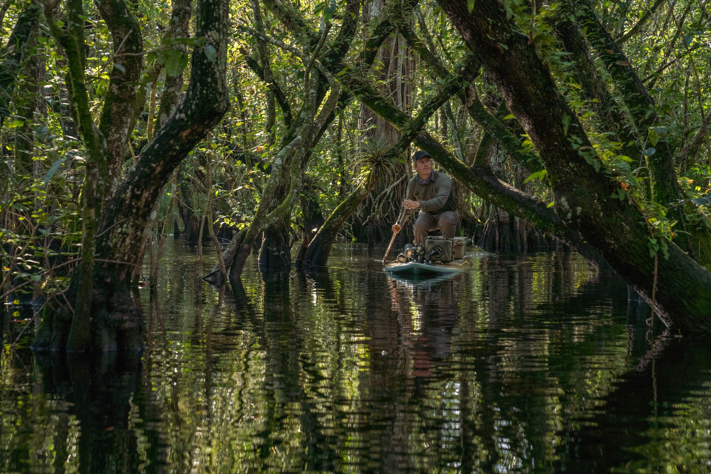 Carlton Ward Jr. paddles into a remote corner of the Fakahatchee Strand to set up a camera-trap system. Self-portrait by Carlton Ward Jr.