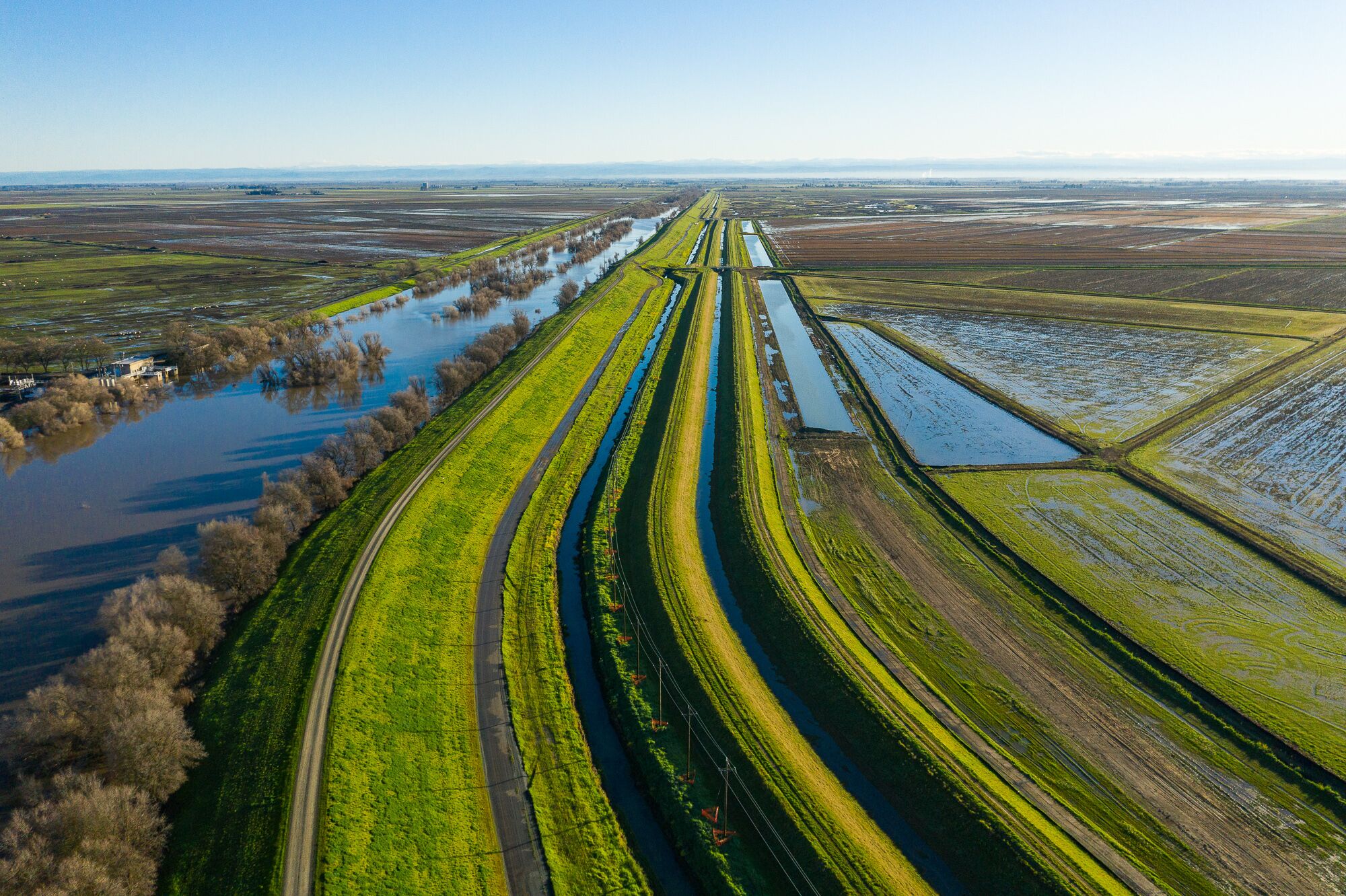 An aerial view of a canal and irrigation system near the Sacramento River illustrates how heavily engineered the landscape has become.