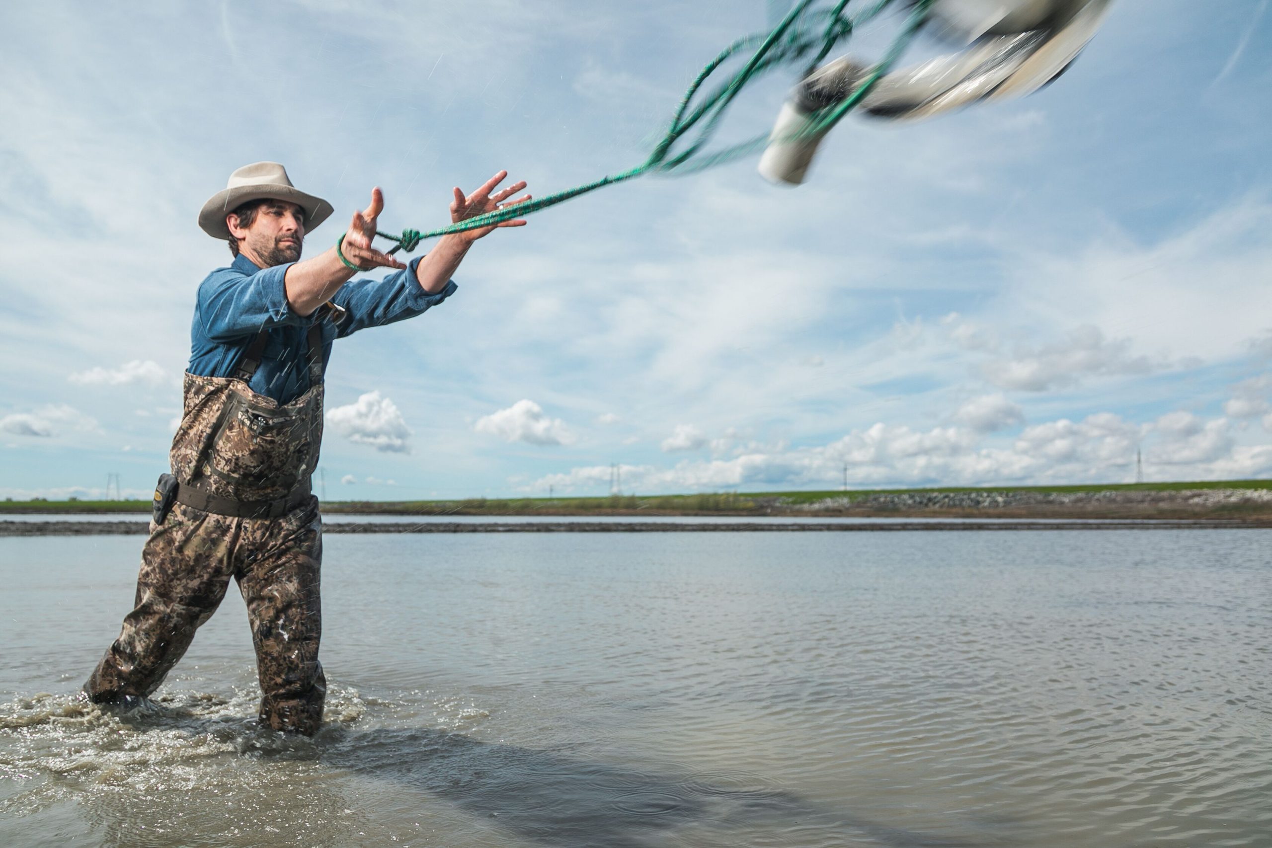Jacob Katz throws a siphon to collect a water sample in a flooded rice field near the Sacramento River.