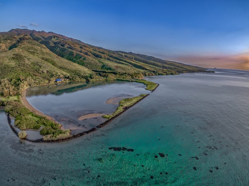 Aerial view of the Kupeke fishpond along Molokai’s southeast shoreline. Photograph by Mickey Pauole