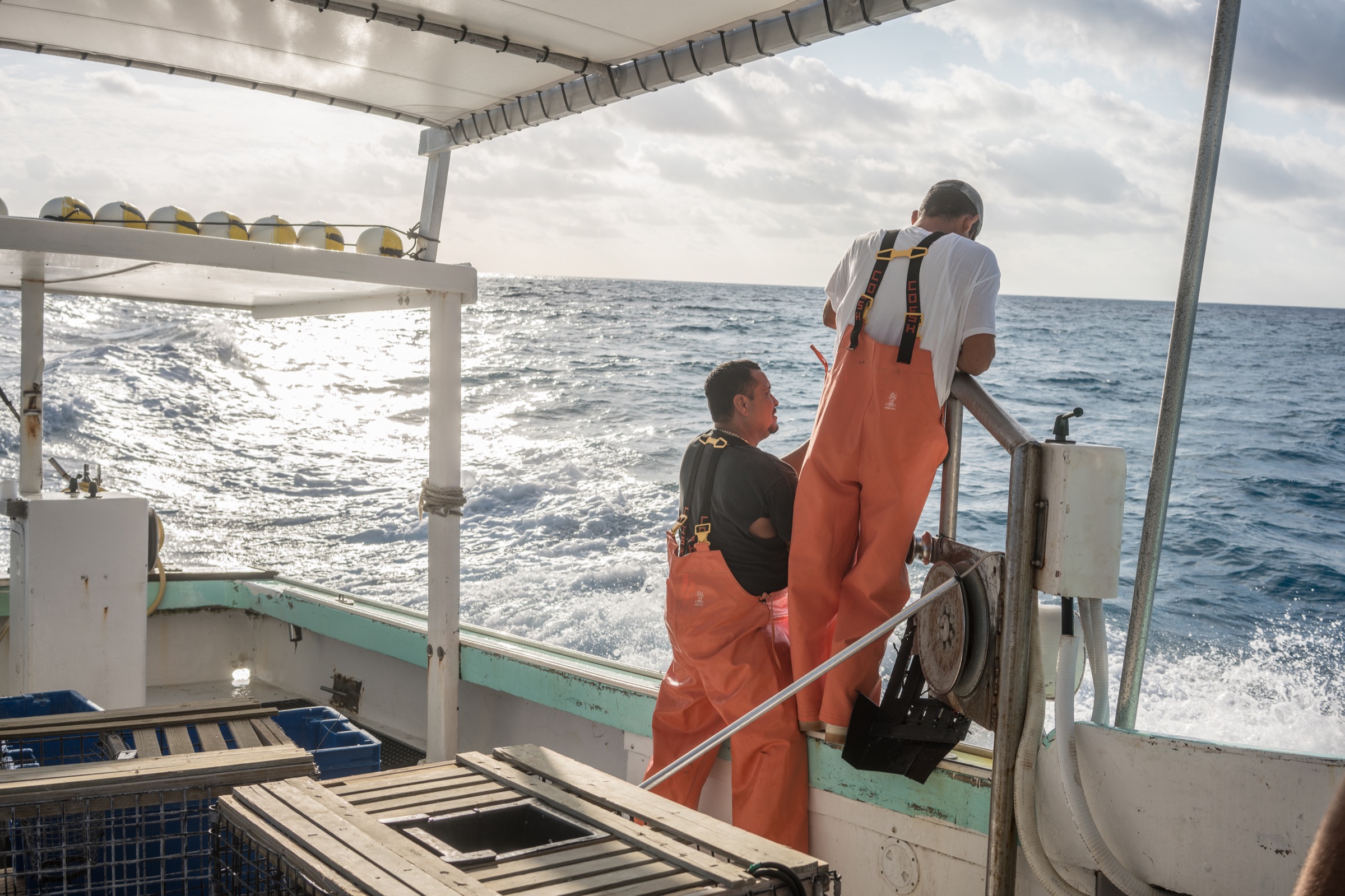 Antonio Martinez and Luis Lopez haul in traps for scientists from the Florida Fish and Wildlife Conservation Commission onboard the Miss Barbara Ann. Photograph by Dominic Bracco II