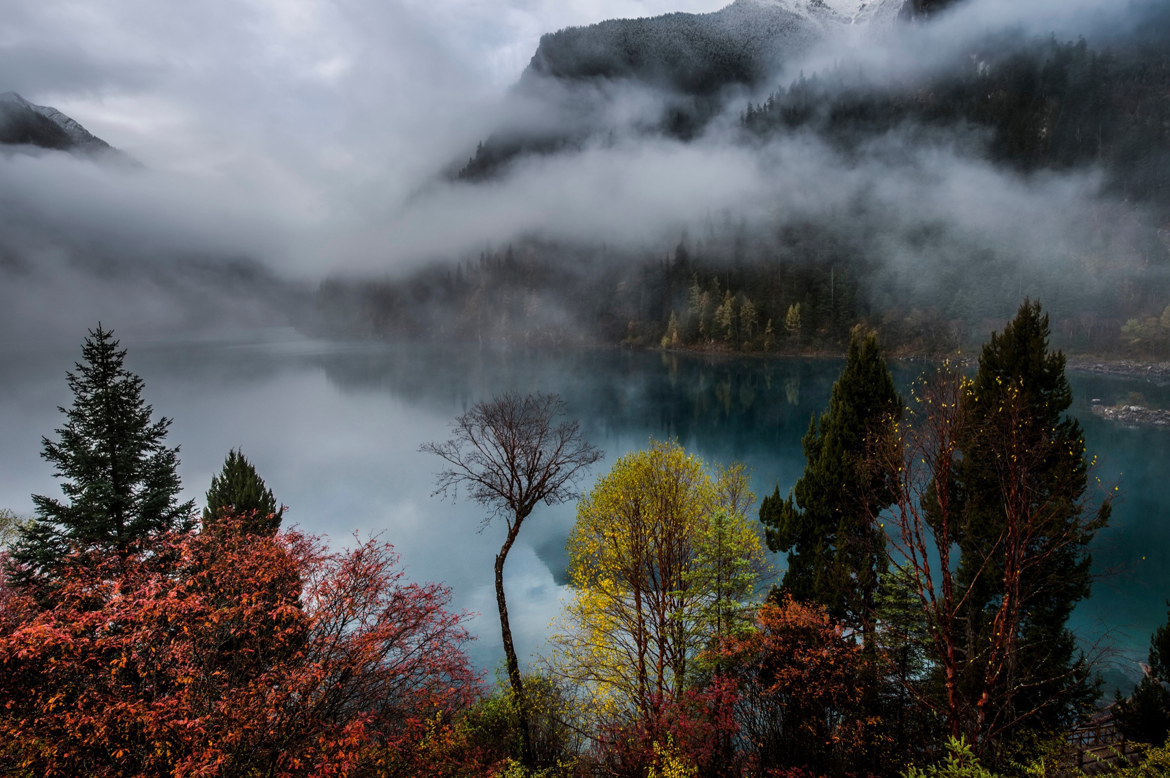 Low clouds enshroud Sichuan Province's Min Mountains in the Jiuzhaigou nature reserve. The reserve sits at the edge of the Tibetan Plateau and is known for its many multi-level waterfalls, colorful lakes, and snow-capped peaks. Jiuzhaigou Valley was designated a UNESCO World Heritage Site in 1992 and a World Biosphere Reserve in 1997. Photograph by Ami Vitale