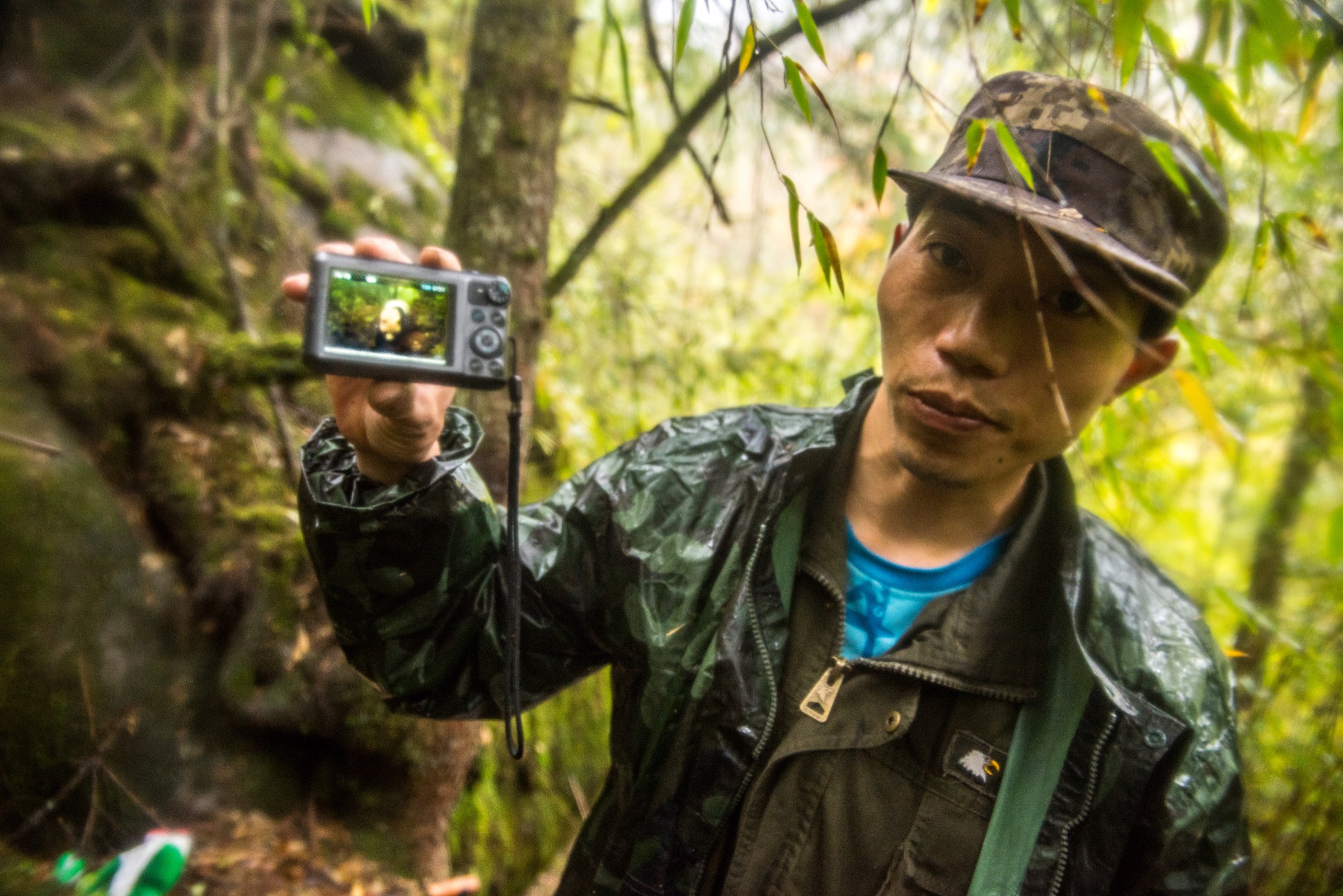 Meng Ji, the captain of Guanba’s patrol team, holds up a successfully captured photo of a wild panda from one of the infrared cameras in the reserve. Photograph by Kyle Obermann