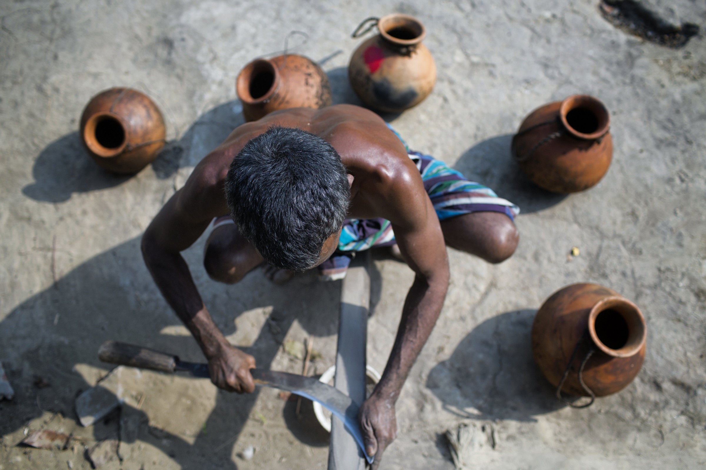 A gachhi sharpens the curved knife he will use to carve away the bark of date palm trees, which will cause the trees to ooze the sap the gachhi is interested in. Photograph by A.M. Ahad