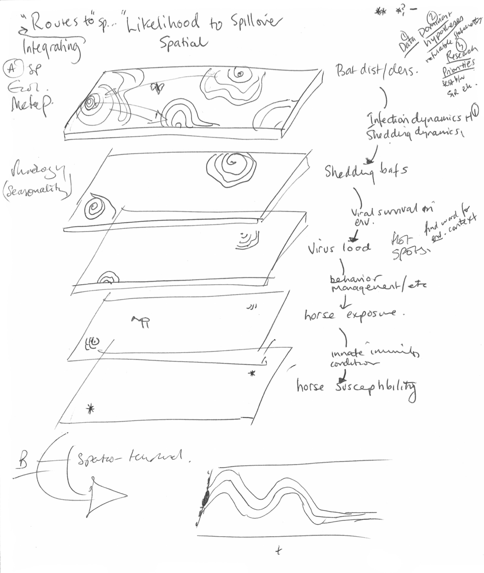 When Raina Plowright started looking at the many factors that influence the spillover potential of viruses like Hendra and Nipah, she began envisioning the route a virus must take as being punctuated by a series of layers whose holes can open or close to make transmission easier or harder. This is one of her early sketches of that concept.