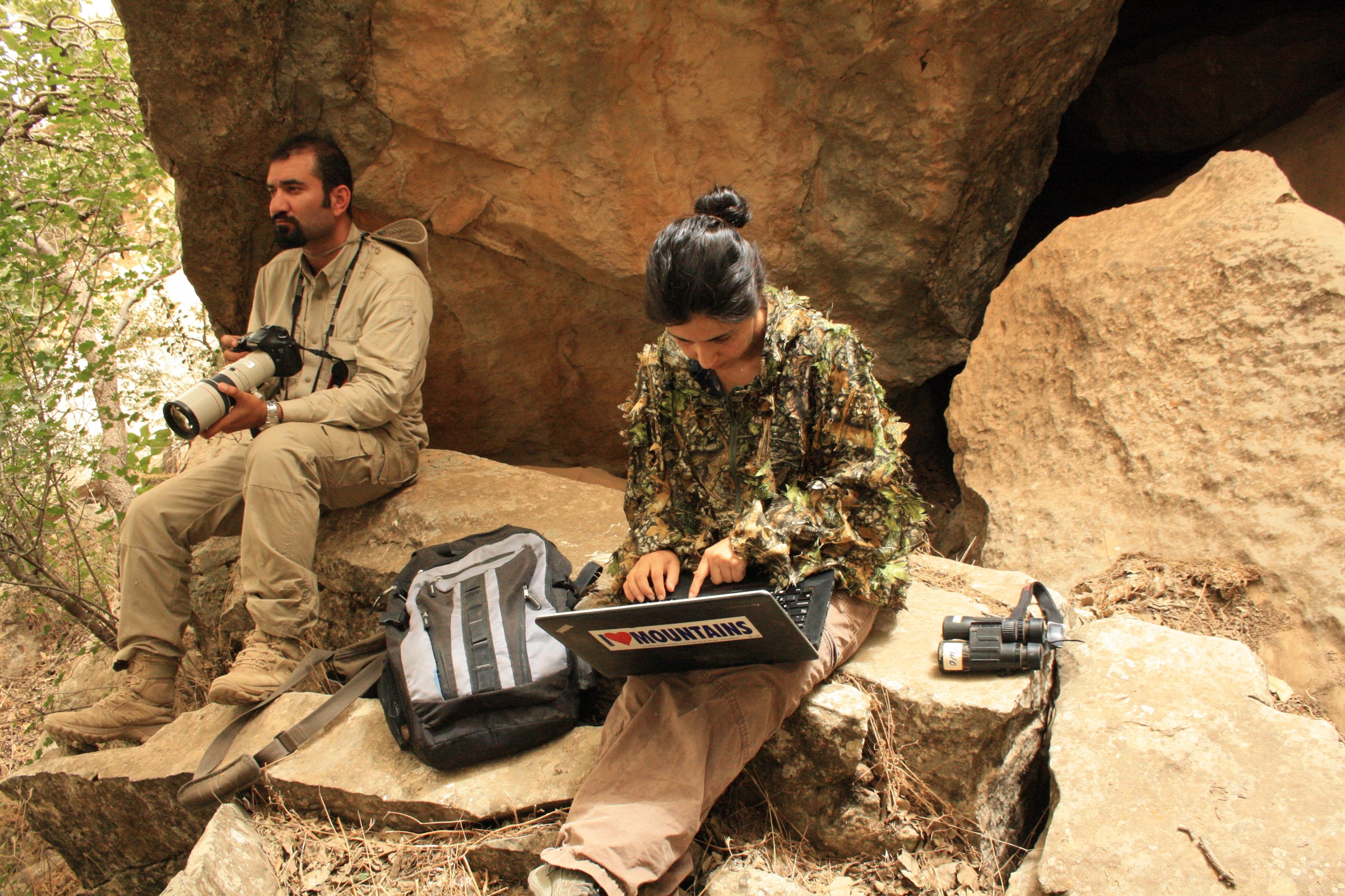 Hana Raza and Korsh Ararat take a break from surveying for endangered Persian leopards in Iraq. Photograph by Dishad Muhamad