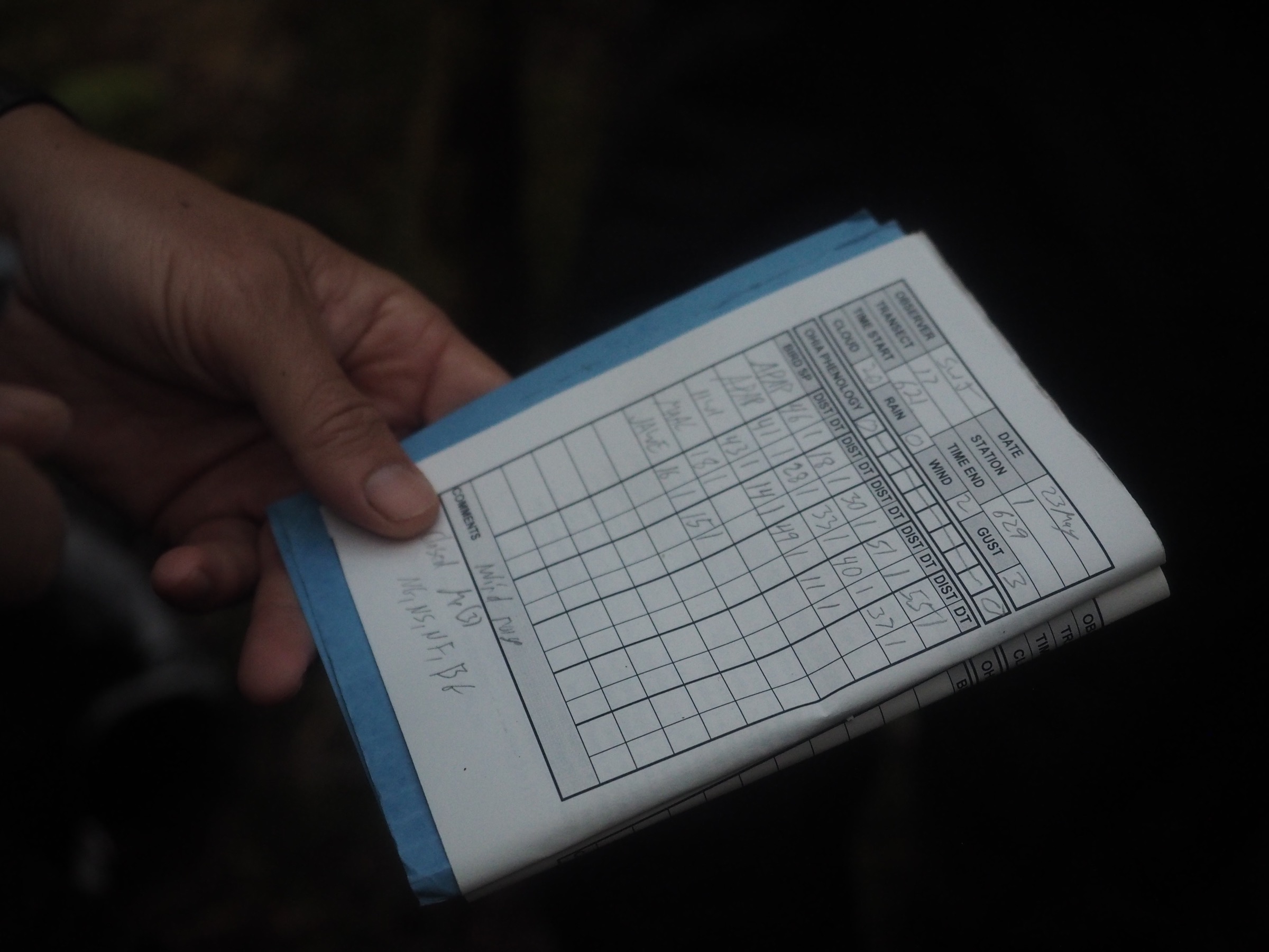 Seth Judge keeps detailed field notes after each of his survey counts, like this one along Transect 10. Photograph by Jeremy Miller