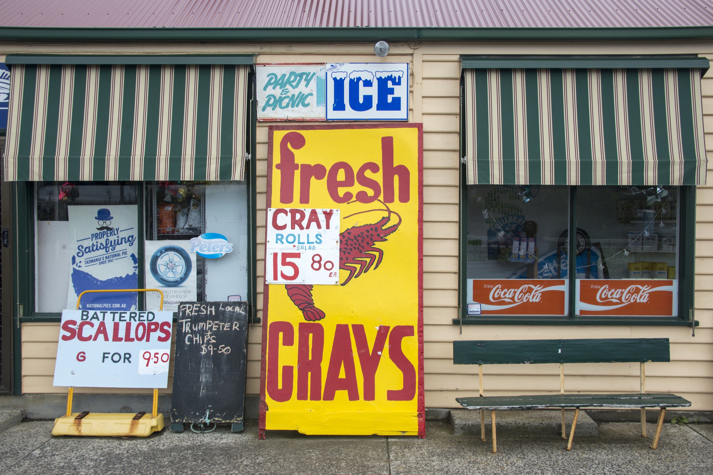 A store on the Tasman Peninsula advertises fresh crays (southern rock lobsters) for sale.