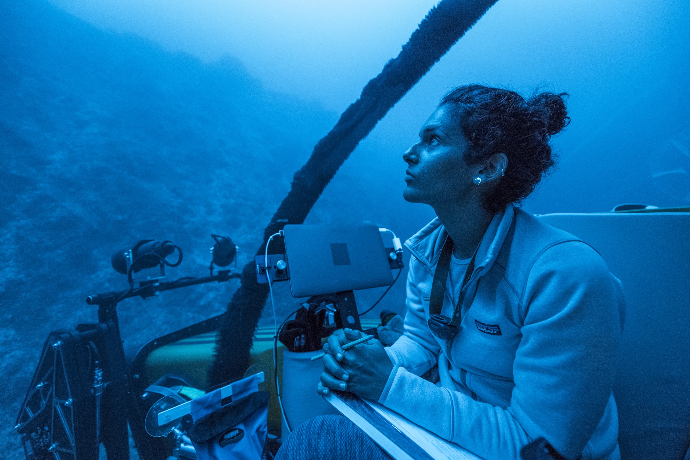 Diva Amon, a deep-sea biologist from the Natural History Museum of London, UK, takes in her surroundings as the submersible Nadir descends into the deep ocean near Saint Peter and Saint Paul Archipelago. Photograph by Novus Select