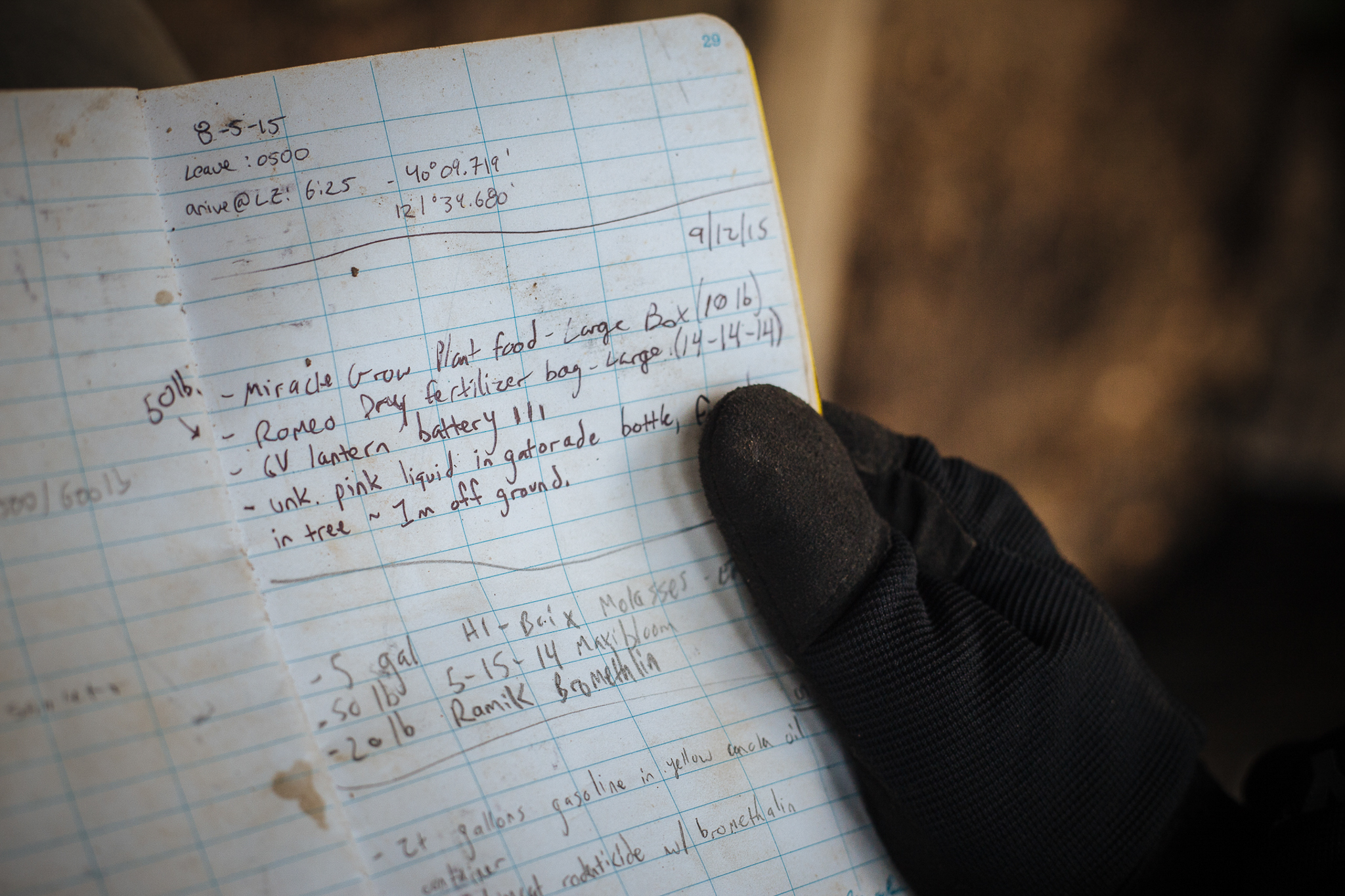 A researcher's notebook lists the chemicals left behind at an illegal grow site on public land.