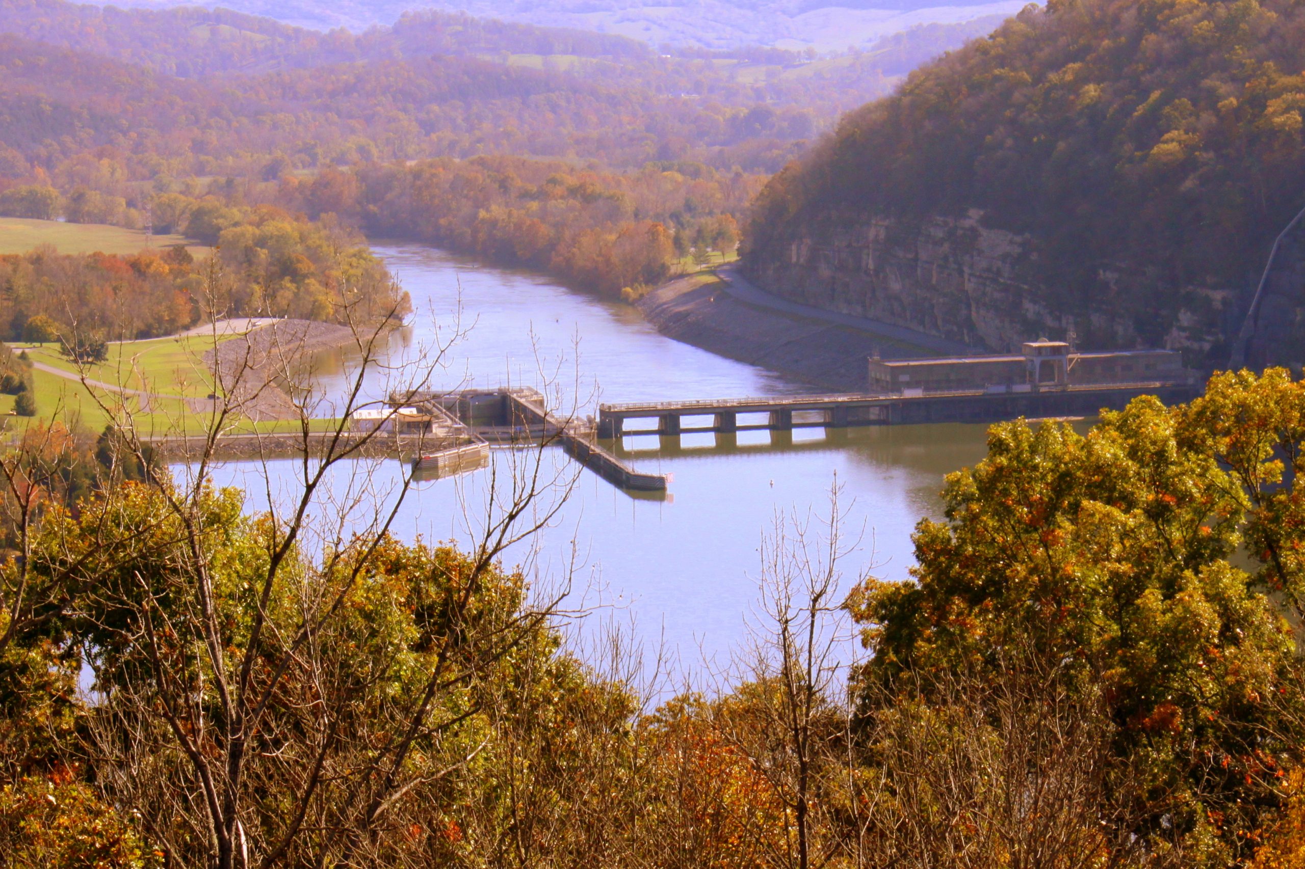 Aerial view of the Cordell Hull Dam on the Cumberland River in north-central Tennessee—photograph by Brent Moore