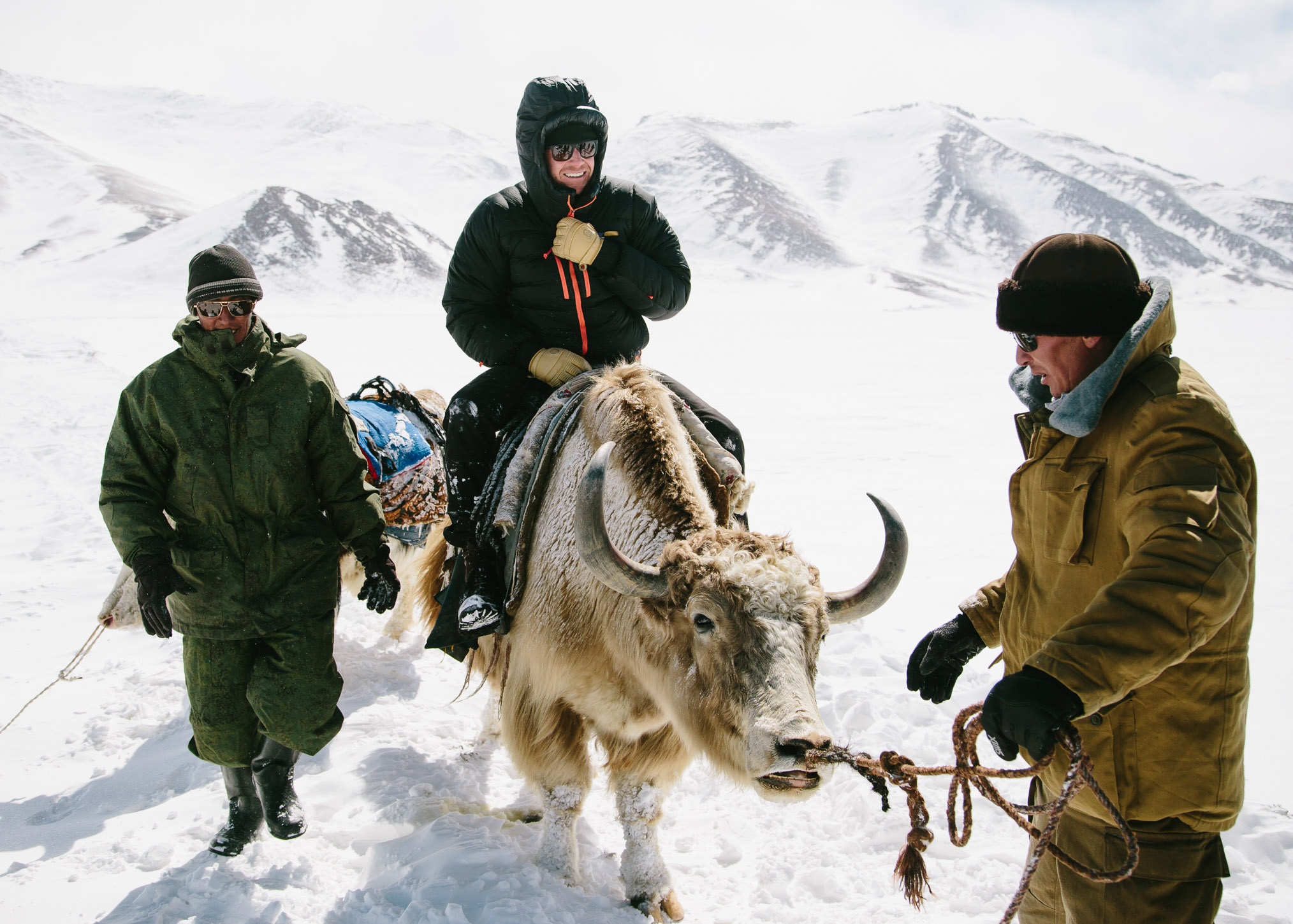 Photographer Joel Caldwell on his first yak ride. (“Yes, it’s just like riding a dinosaur,” said Joel.)