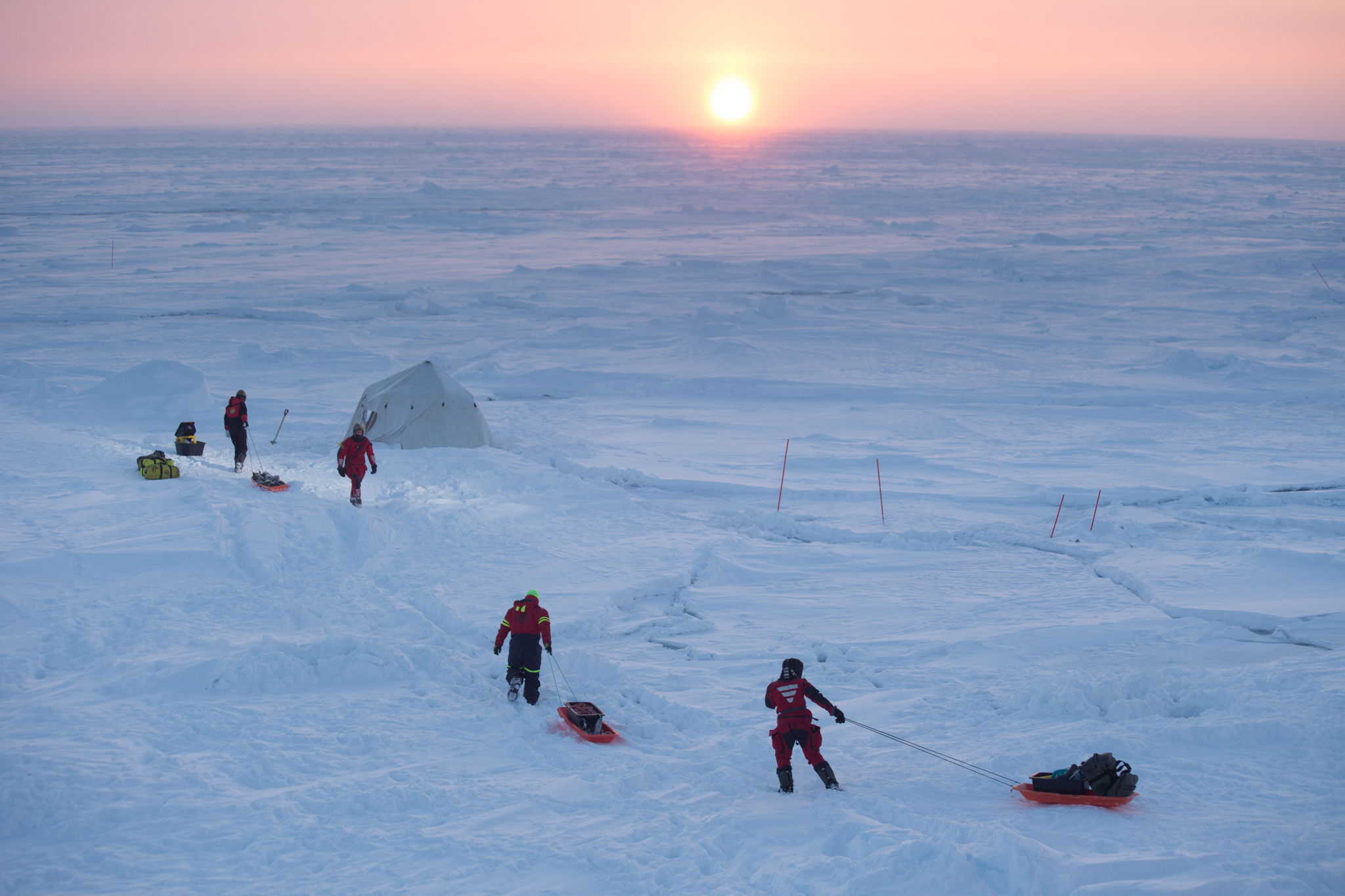 Members of the Norwegian Young Sea Ice Cruise transport science equipment across the ice. Their goal: to study the full life cycle of Arctic sea ice. Photograph by Paul Dodd, Norwegian Polar Institute