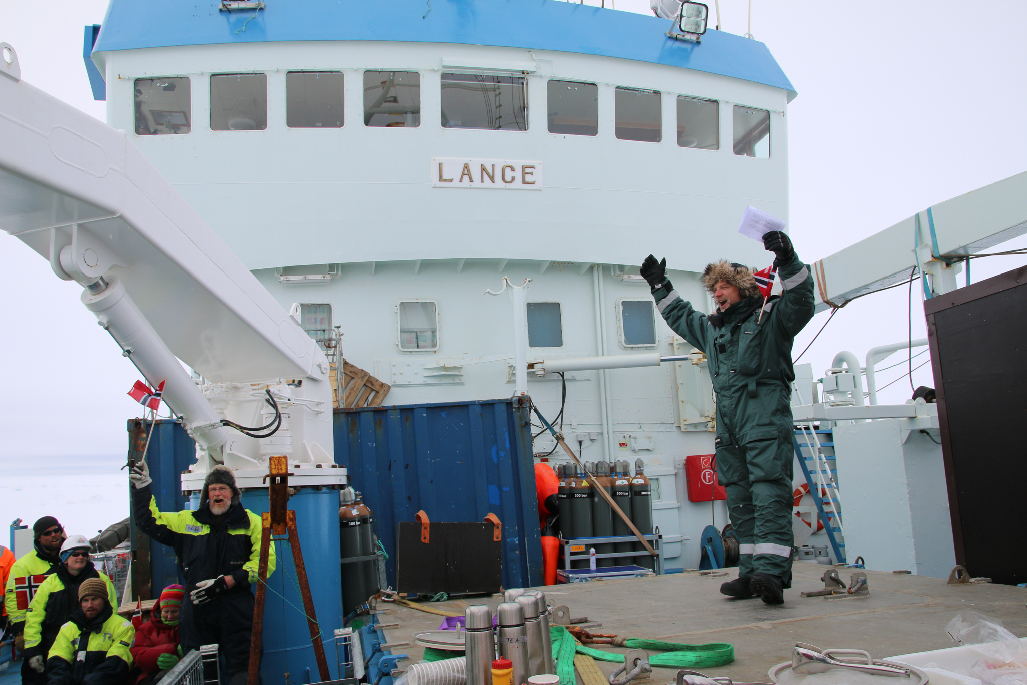 The Norwegian research vessel R/V Lance, a former sealing boat, and her crew are well equipped to navigate the Arctic sea ice north of Svalbard, Norway. Photograph by Mats Granskog, Norwegian Polar Institute