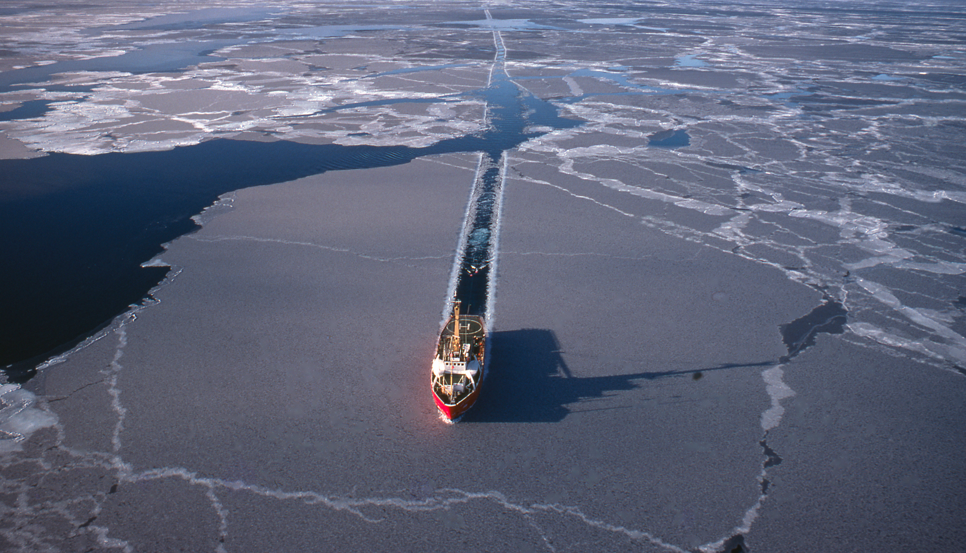 An icebreaker plows through Arctic waters. The U.S. has just two icebreakers compared to Russia’s 41. Photograph by westphalia/Getty Images
