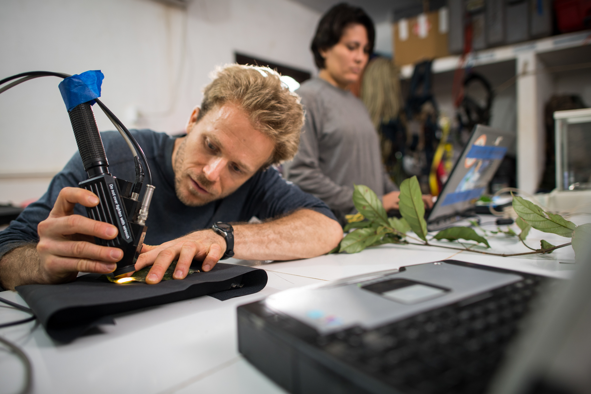 Neill Prohaska and Deliane Penha study leaf samples back at the team’s base camp compound.