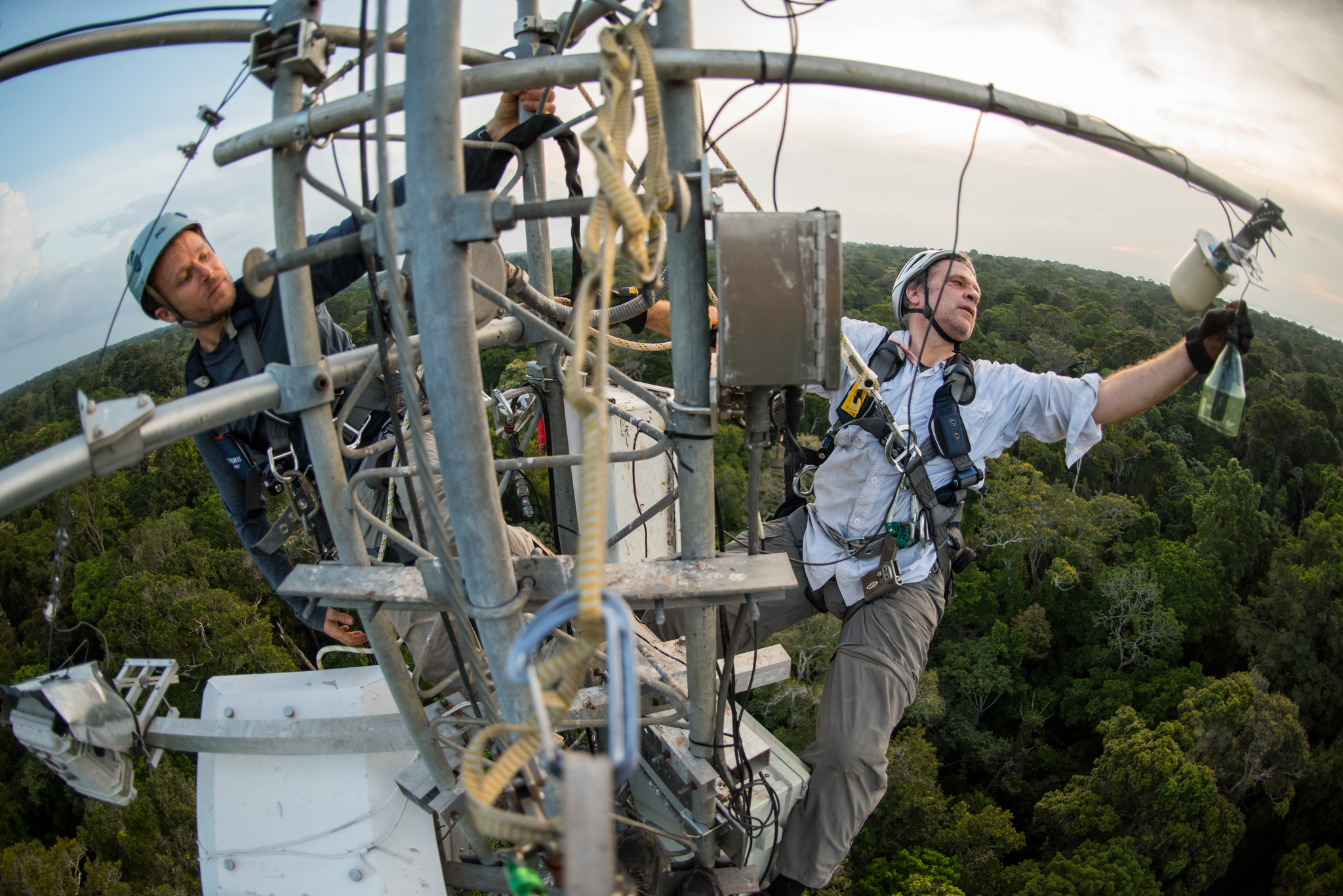 Scott Saleska and Neill Prohaska adjust equipment at the top of a 220-foot-tall flux tower high above the rainforest canopy.