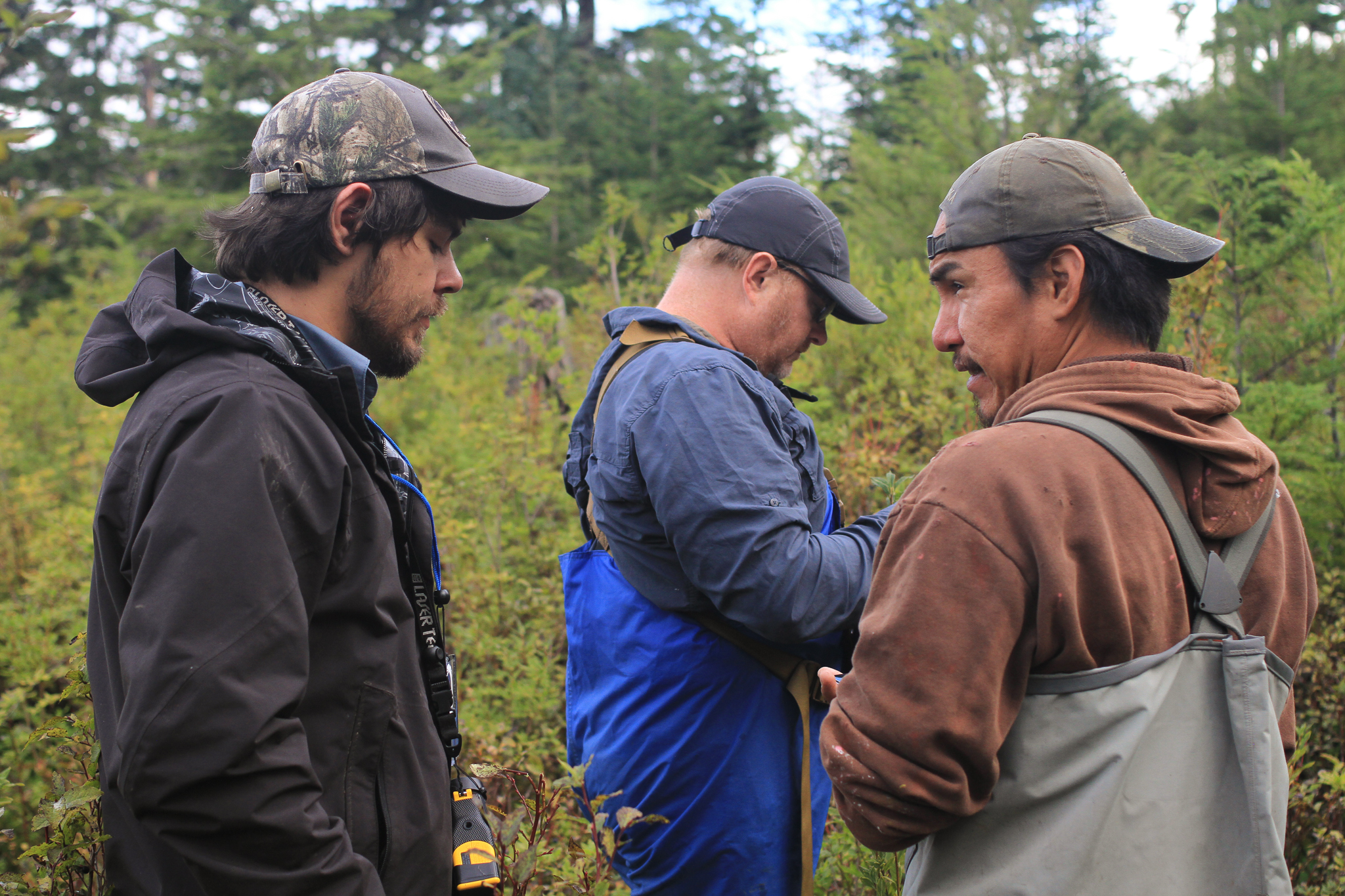 From left, Donovan Smith, Bob Christensen, and Phillip Sharclane prepare to survey an old clearcut on Sealaska land for the Hoonah Native Forest Partnership on Southeast Alaska’s Chichagof Island.