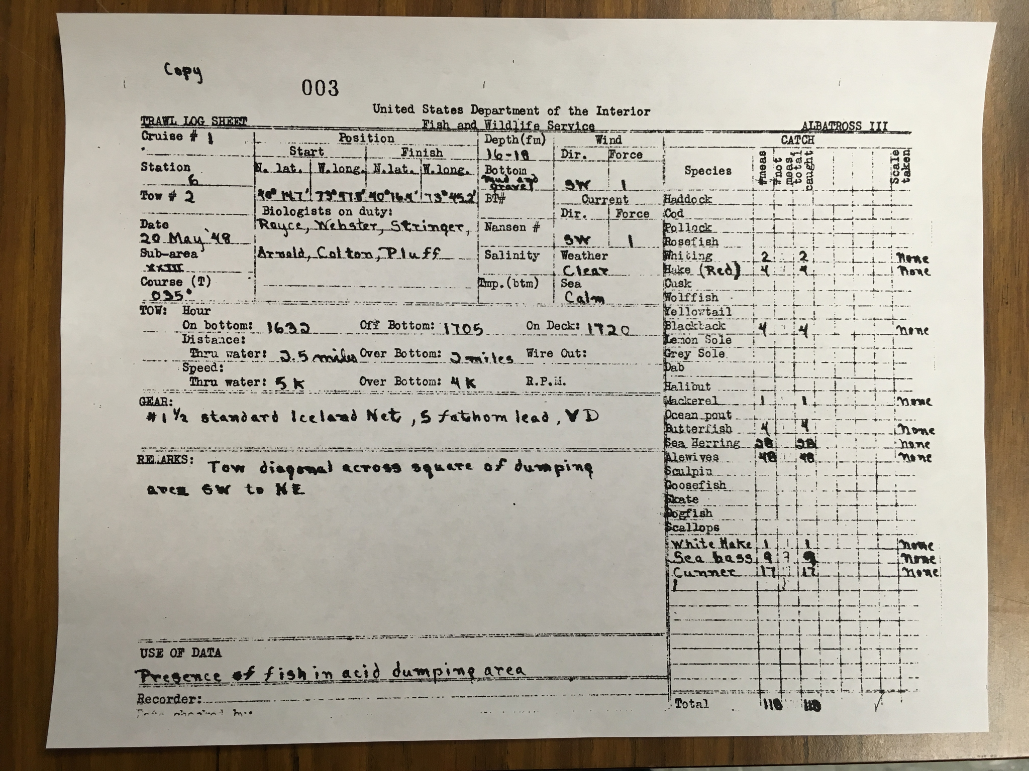 How trawl survey records were once kept. This log was recorded in May 1948. Photo by Nicola Twilley