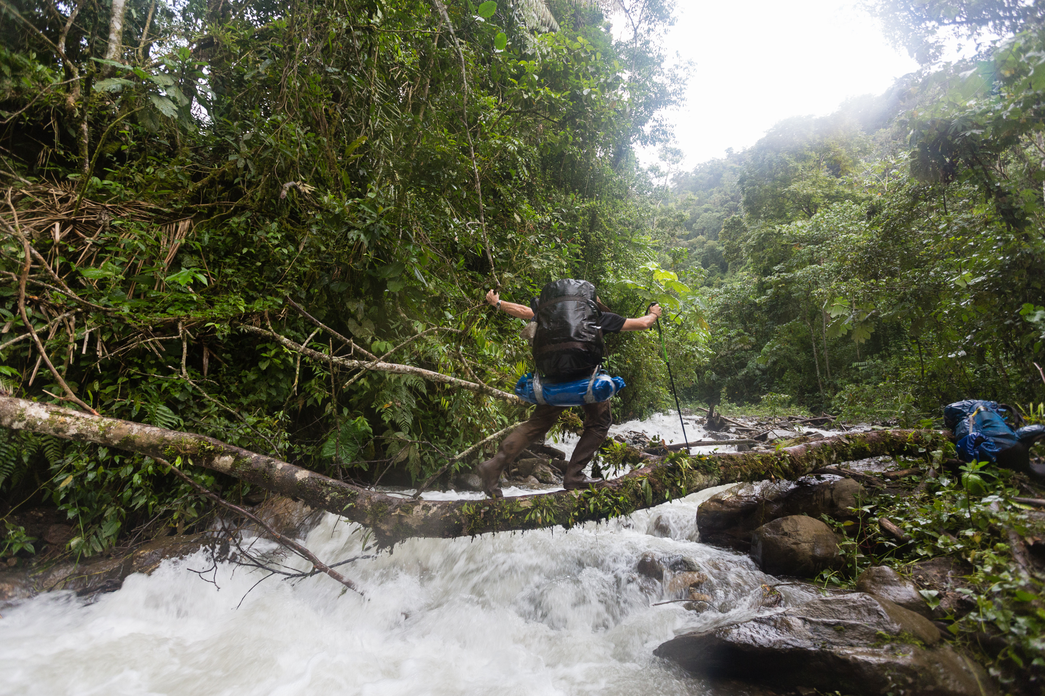 José Padial negotiates a perilous bridge crossing over the Sevishari Tiver, along the track between Camps 1 and 2. Photo by Andy Isaacson