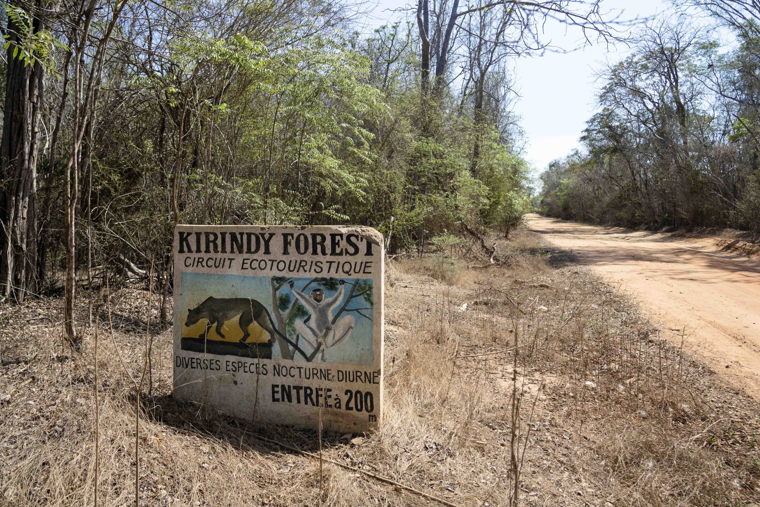 A sign marks the entrance to Kirindy Forest, a private reserve on the western coast of Madagascar.