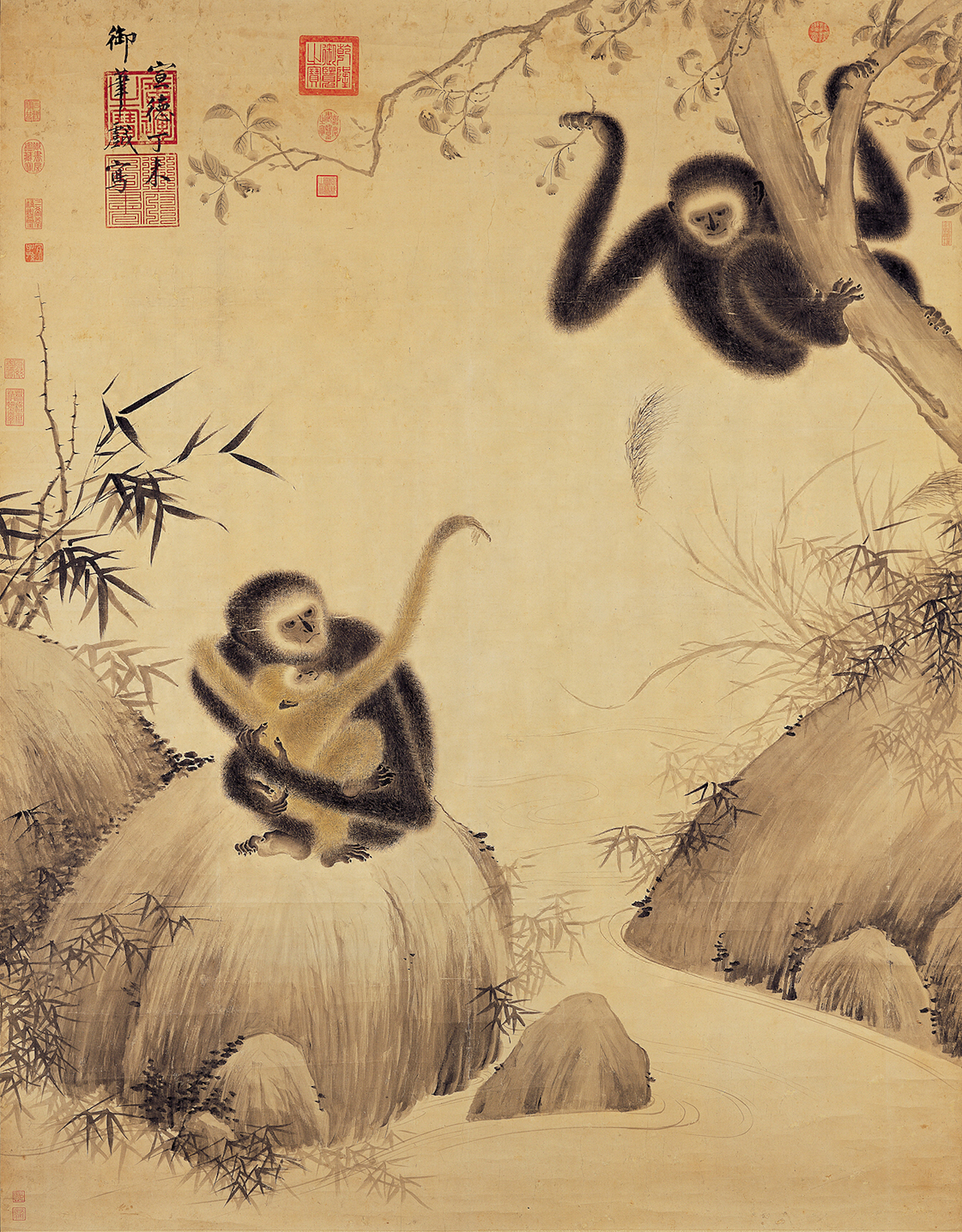 A painting of three gibbons attributed to Ming dynasty emperor Zhu Zhuanji (ca. 1399-1435). Image courtesy of the National Palace Museum