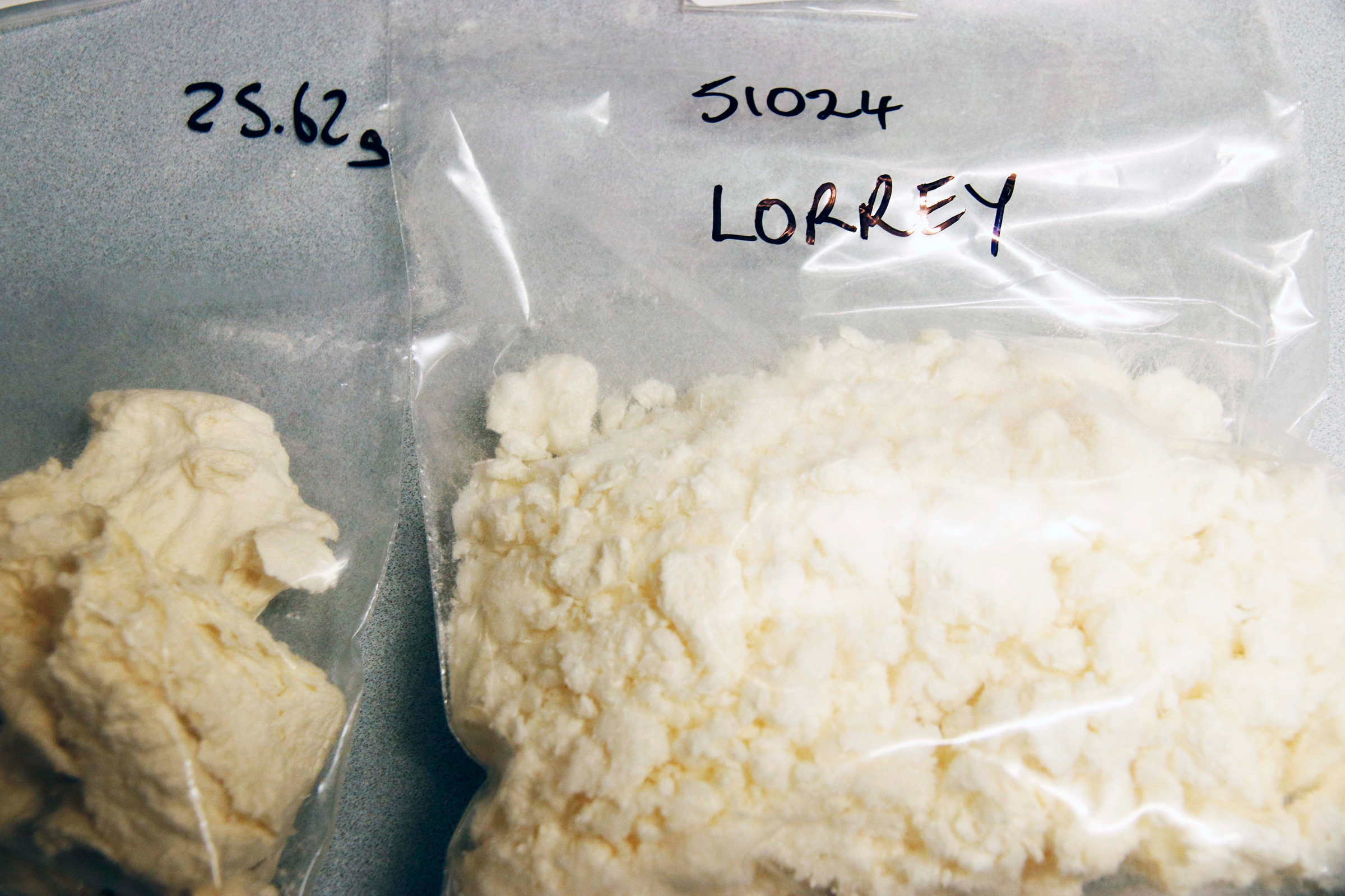 Lab technicians use a series of chemical processes to remove resins, bleach with acid, and convert the kauri wood into fluffy alpha-cellulose. Photograph by Kate Evans.