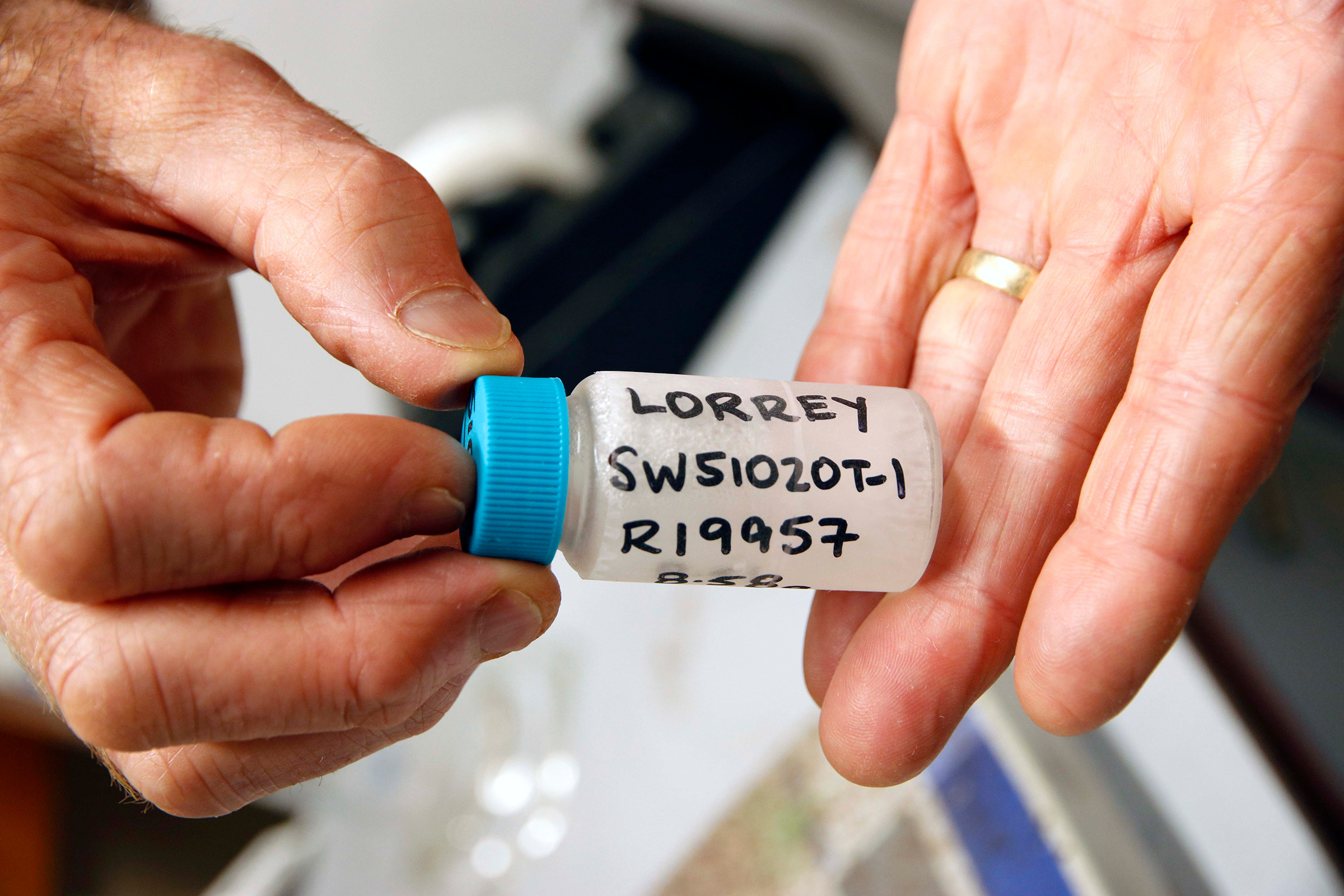 Cellulose samples are then converted into benzene. Hogg adds a scintillator and places the vial into a scintillation spectrometer, which detects pulses of light every time a radiocarbon atom decays. The number of flashes enables him to calculate the sample’s radiocarbon age. Photograph by Kate Evans.