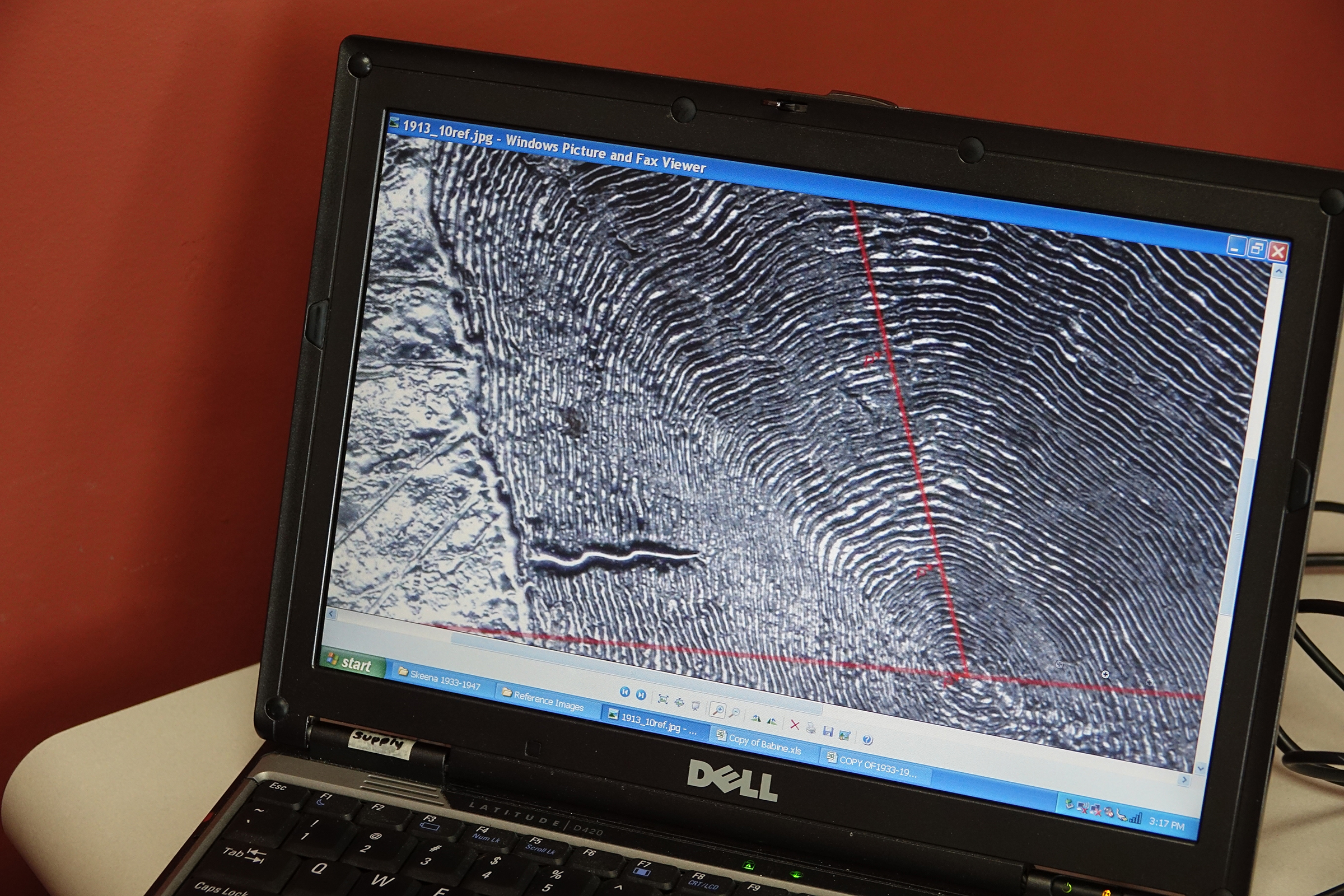 Researchers inspect salmon scales collected a hundred years ago or more under a microscope. By counting the rings— patterns created by fluctuating annual nutrition, much like tree rings—they can determine the fish’s age. Photograph by Lesley Evans Ogden