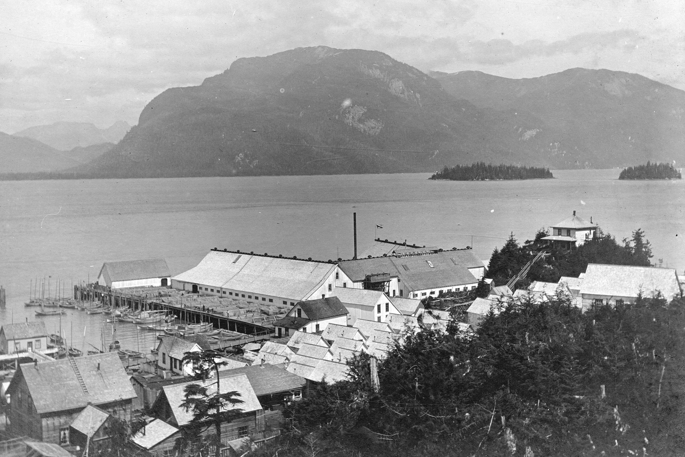 In 1926, Port Essington was a thriving community, based solely on the catching and canning of salmon. Photograph courtesy of the City of Vancouver Archive