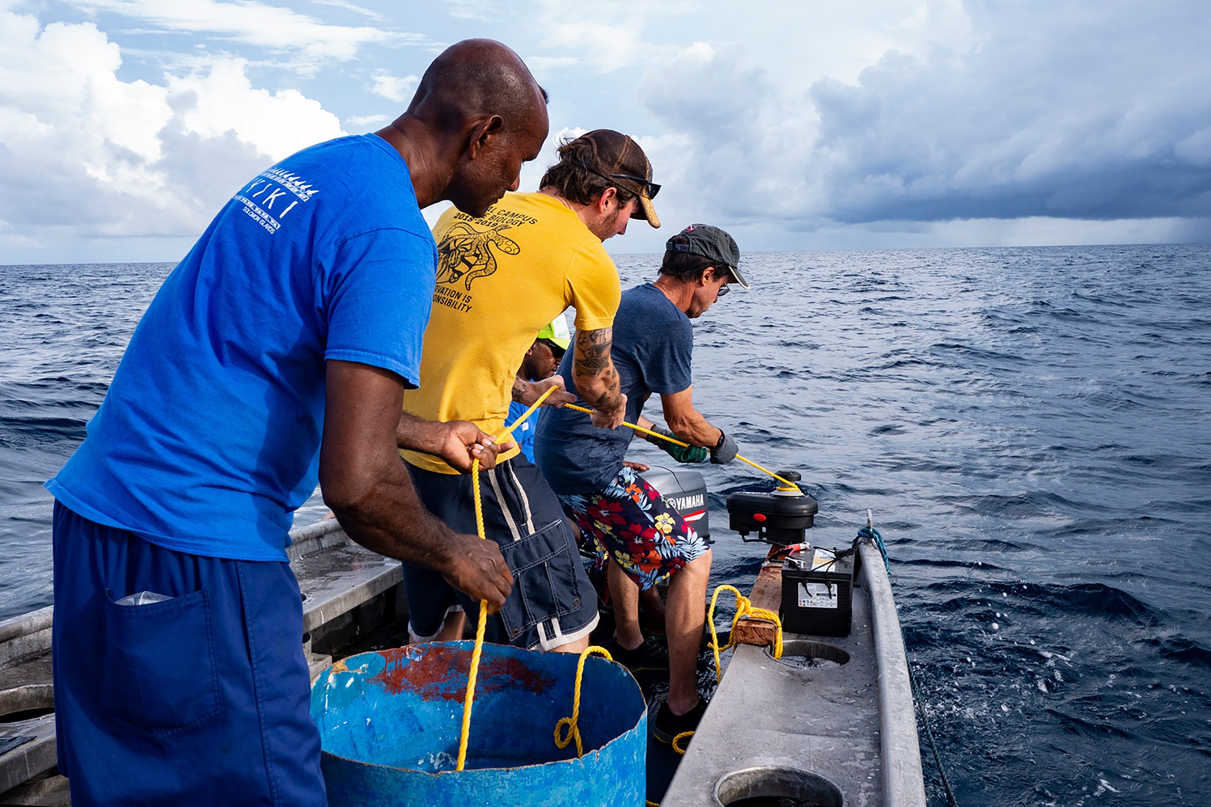 Researchers pull up a nautilus trap as part of a scientific survey.