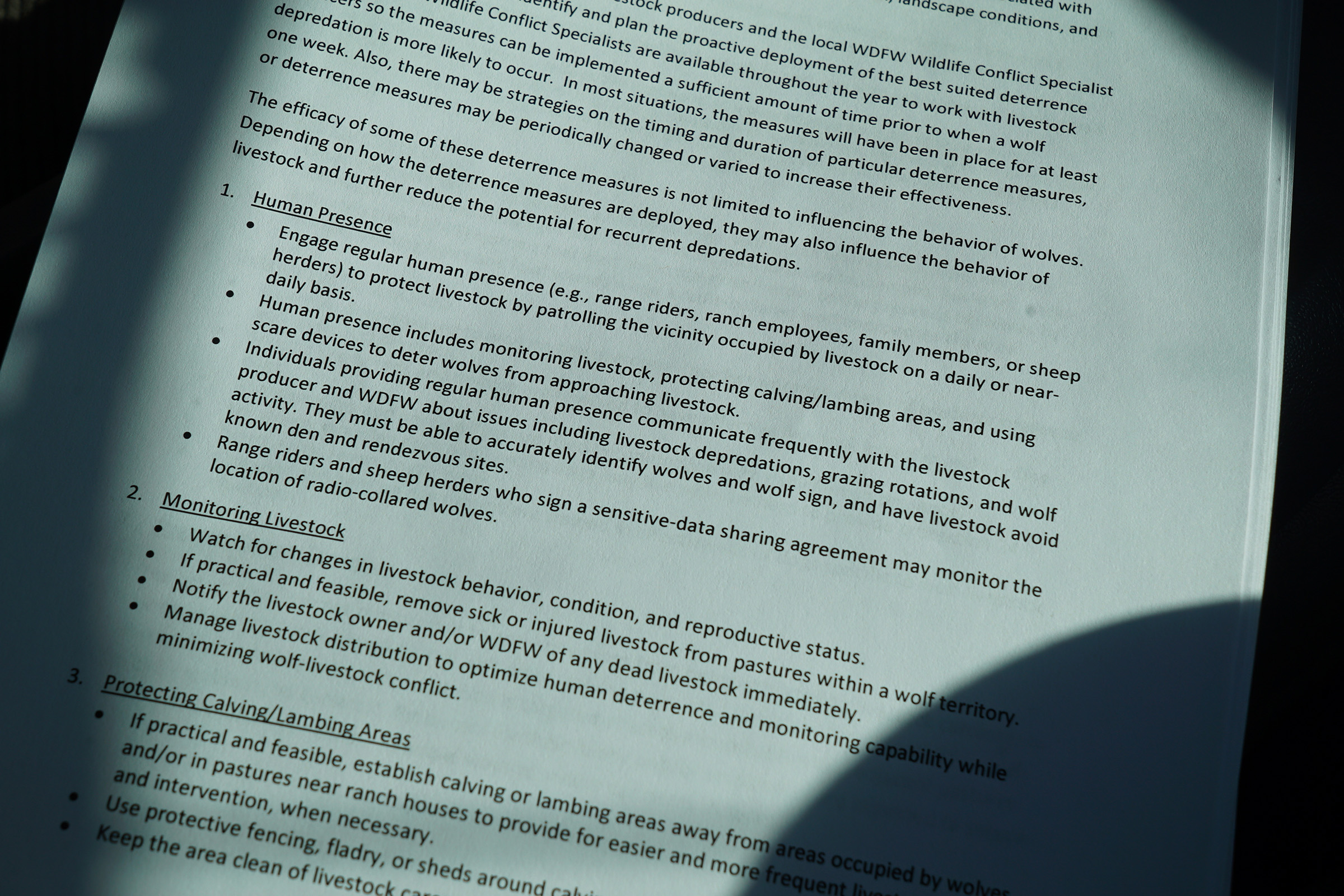 Wes Matlock’s copy of the Washington Department of Fish and Wildlife guidelines for wolf deterrence. Photograph by Lucy Sherriff