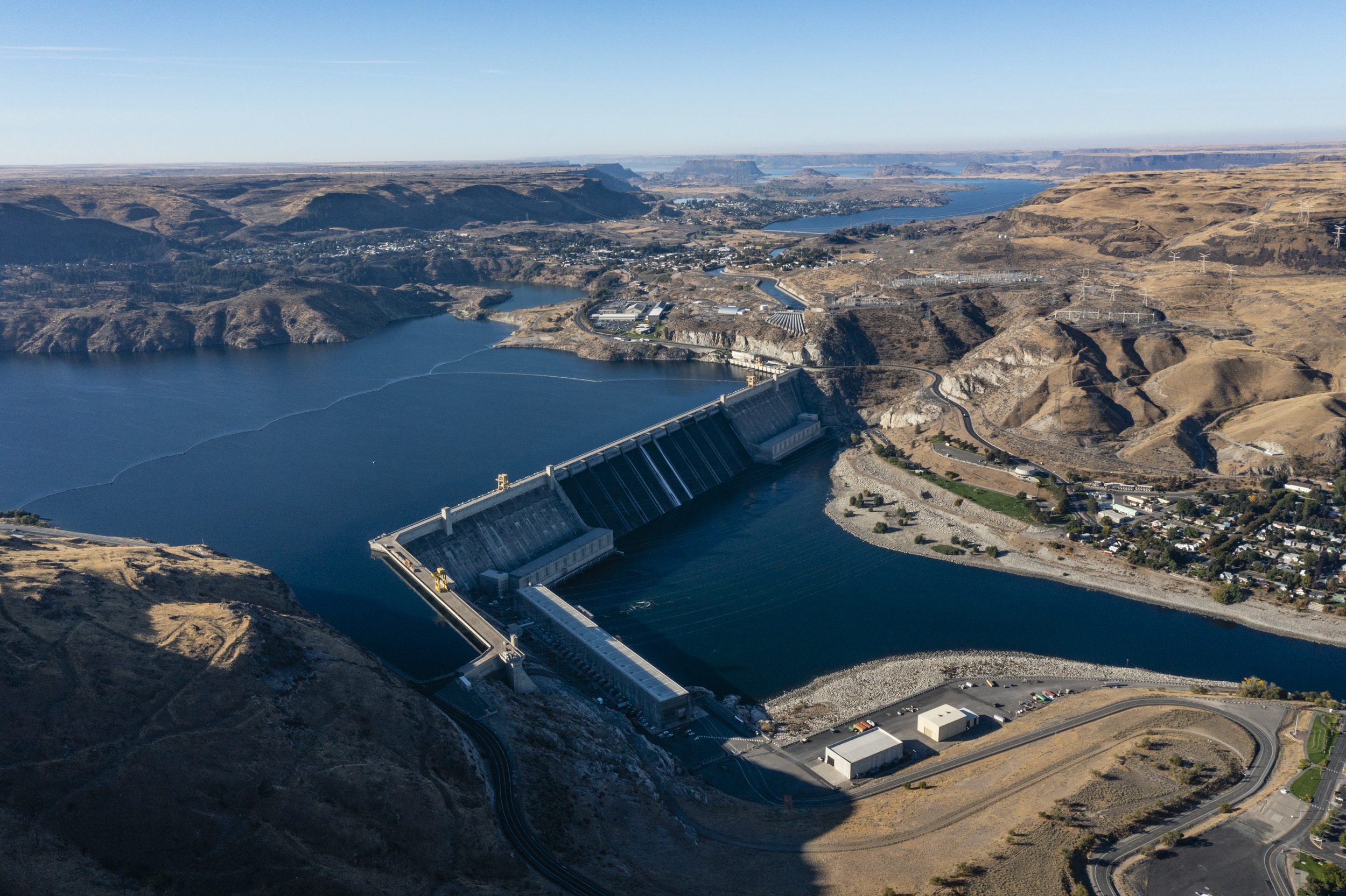 The Grand Coulee Dam on the Columbia River, which was finished in 1942, destroyed all anadromous salmon runs upstream. The dam is a mile wide, 550 feet tall and backs up the river for more than 150 miles. The river marks the southern boundary of the Colville Reservation.