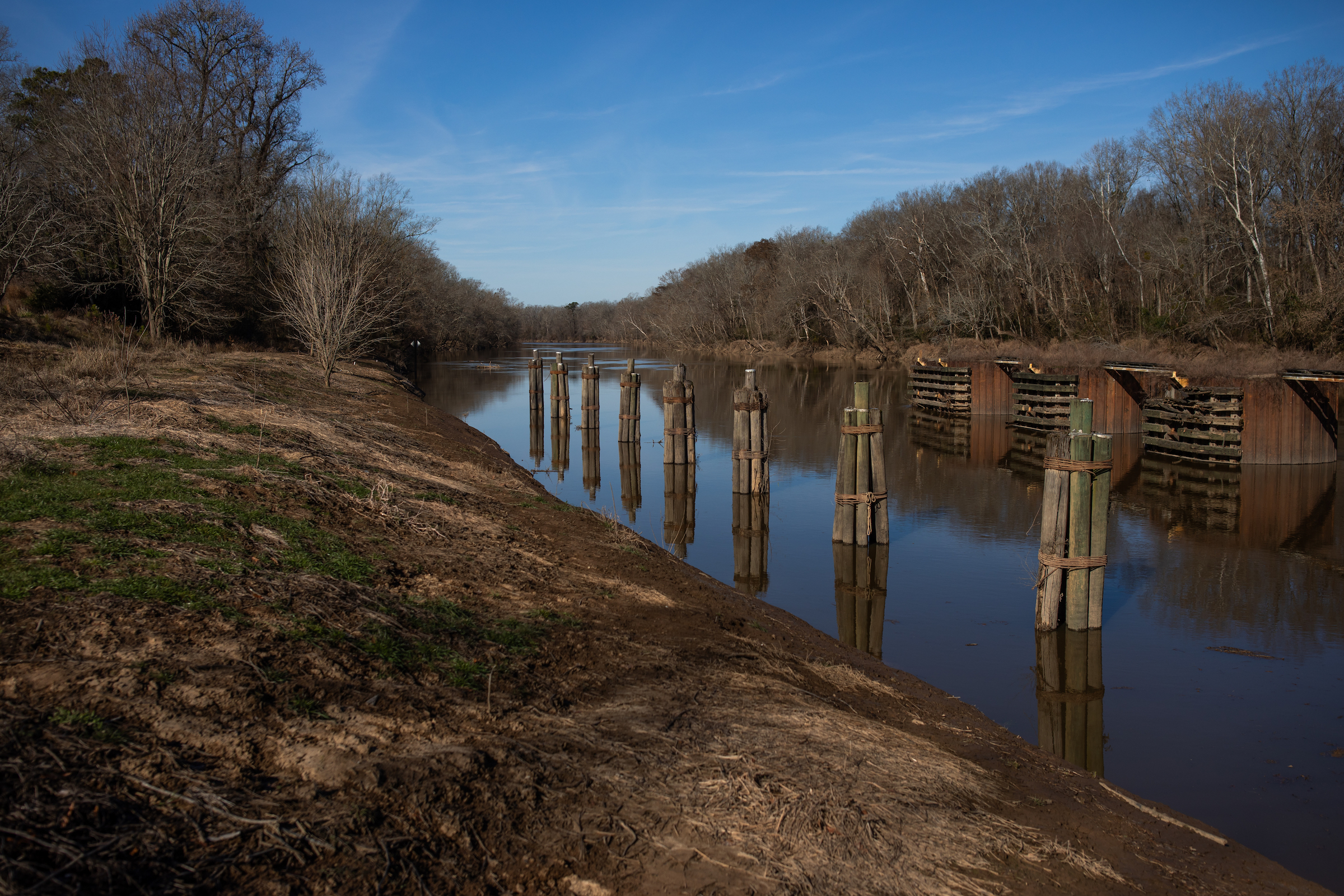 The Cape Fear River flows through an old lock and dam just outside Elizabethtown, North Carolina. The lock and dam were built in the early 1900s when commercial boat traffic regularly used the Cape Fear River.