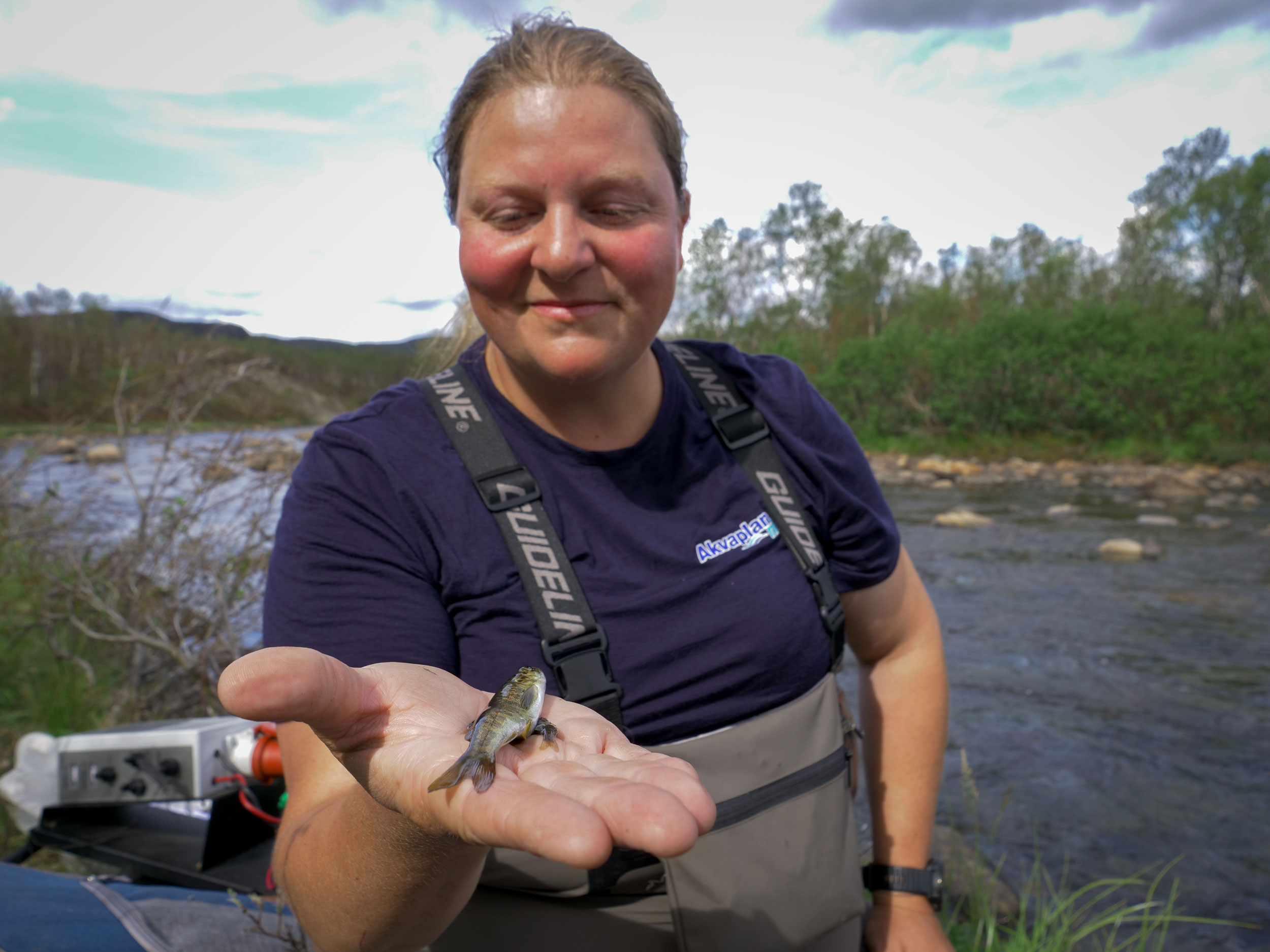 Fisheries biologist Jenny Jensen on the Grense Jakobselv River bordering Russia where she collected samples of juvenile pink salmon.