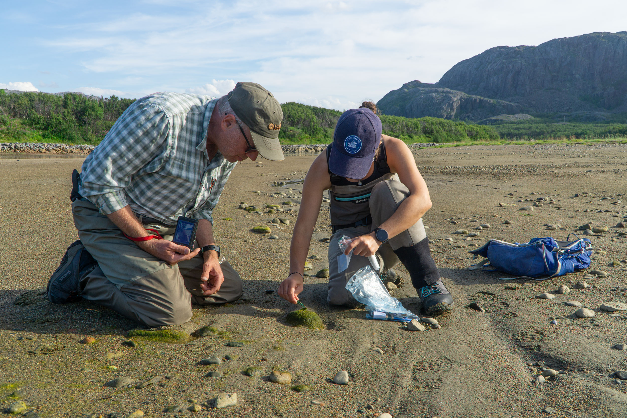 Fisheries biologist Hallvard Jensen and Dunlop collect samples in the Grense Jakobselv estuary where thousands of pinks have already begun running. Photo by Jude Isabella