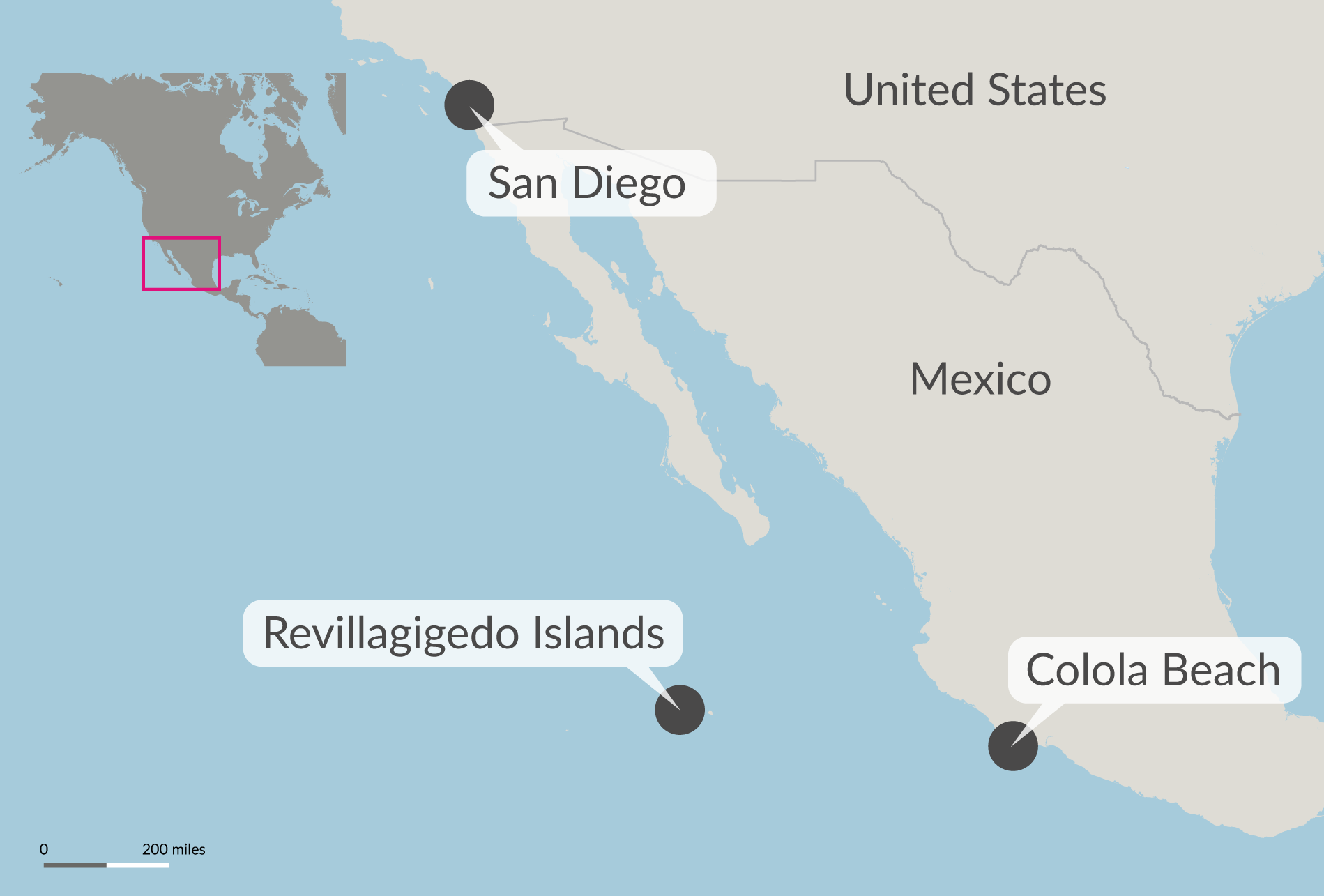 Map showing San Diego, Colola Beach, and Revillagigedo Islands