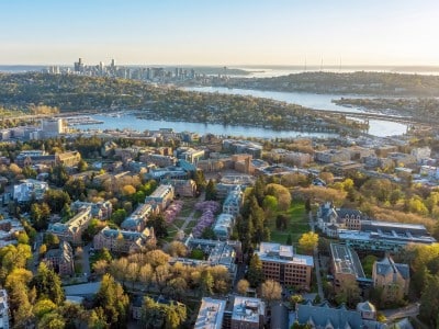 aerial view of the University of Washington and Seattle