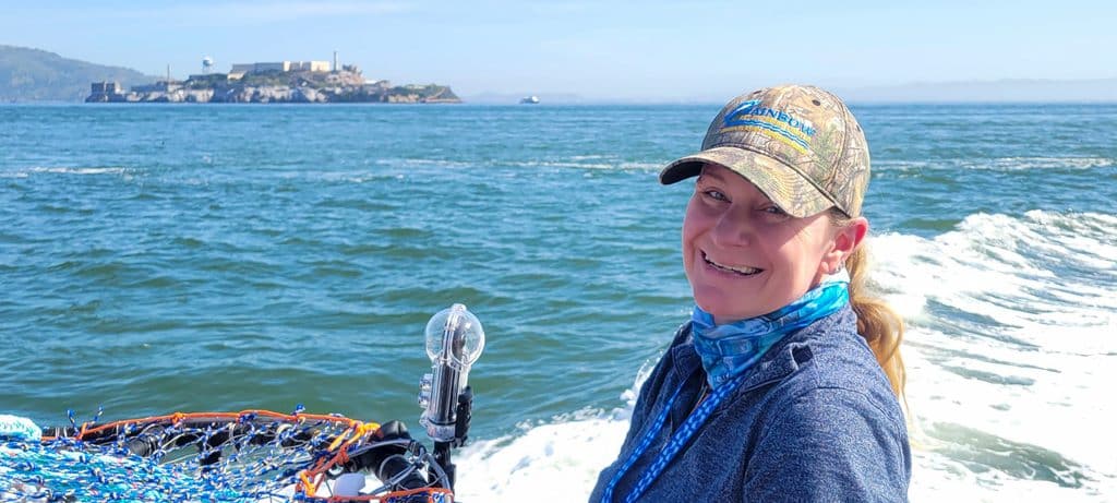Kim Sawicki conducts a ropeless gear training in San Francisco Bay, California, part of her ongoing effort to protect whales as well as the livelihoods of fishers along both coasts.